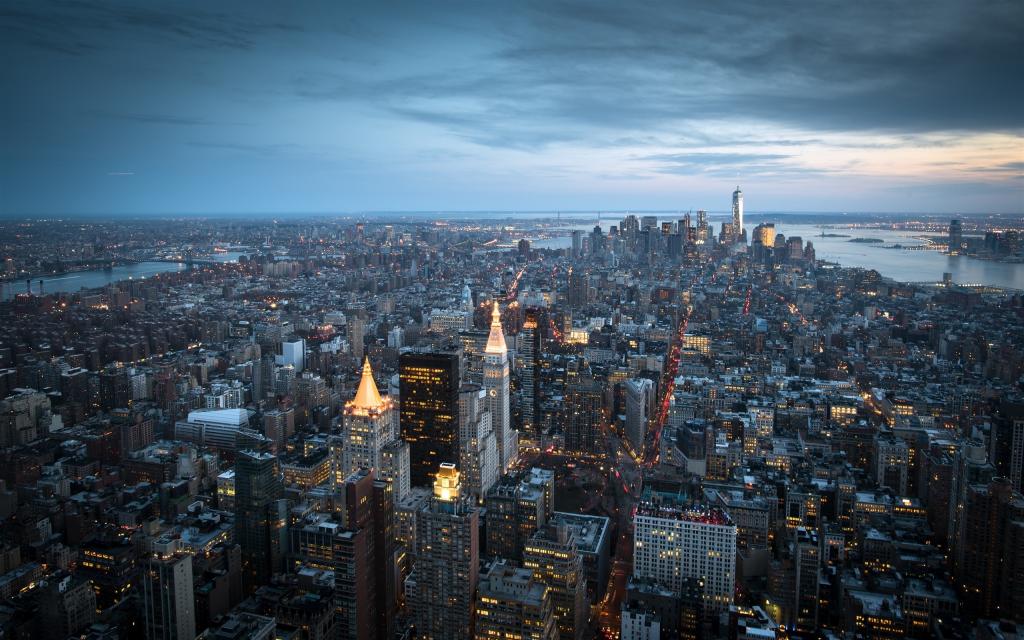 纽约市,曼哈顿,美国,摩天大楼,建筑物,湾,黄昏壁纸