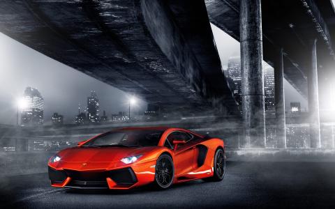 兰博基尼Aventador LP700-4橙色超级跑车在城市夜景壁纸