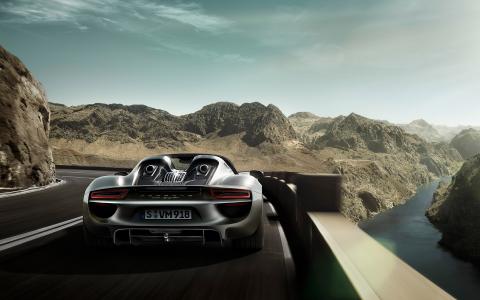 令人惊叹的2015年，保时捷918 Spyder，路，后视图壁纸