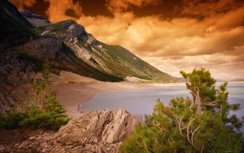 山，海滩，海壁纸