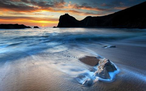 美丽的高清海岸景观，日落，岩​​石，海，海滩壁纸