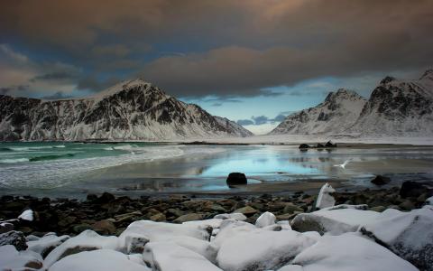 山雪冰海滩海洋高清壁纸