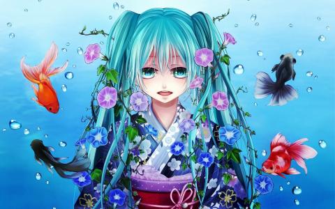 初音未来，蓝发女孩，鱼，水，花卉壁纸