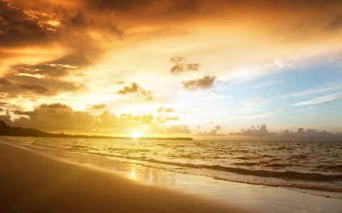 自然景观天空沙海海滩日落宽壁纸