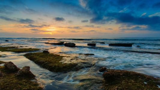 海岸景观，性质，海，水，岩石，夕阳壁纸