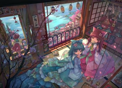 动漫女孩，房间，东方，Hakurei Reimu，Hieda no Akyuu，Kochiya Sanae壁纸