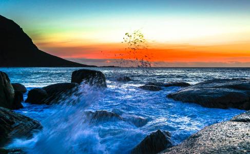 海，喷雾，冲浪，日落壁纸