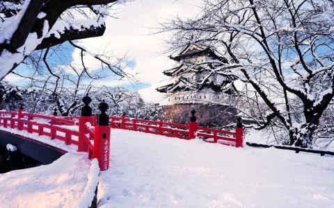 日本，青森县，弘前，冬季雪，桥，卡斯特尔，冰树壁纸