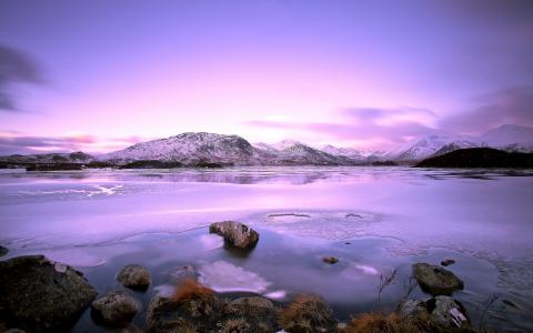 湖，山，石头，雪，冬季，天空，云壁纸