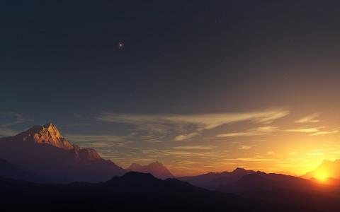 日落，天空，山，风景壁纸