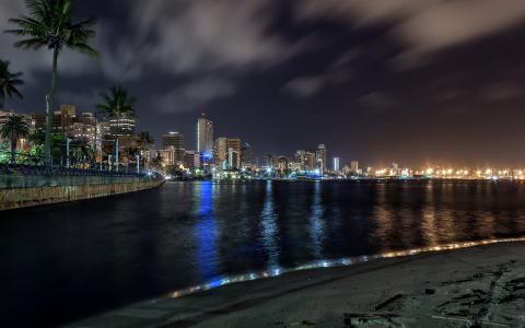 德班建筑摩天大楼夜灯海滩高清壁纸