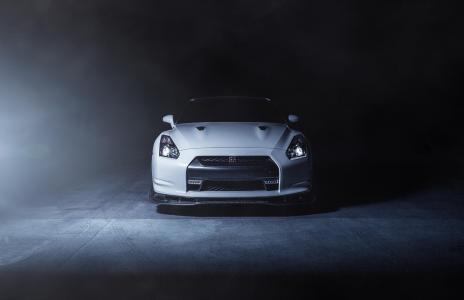 日产，gt-r，r35，白色，前面，烟雾壁纸