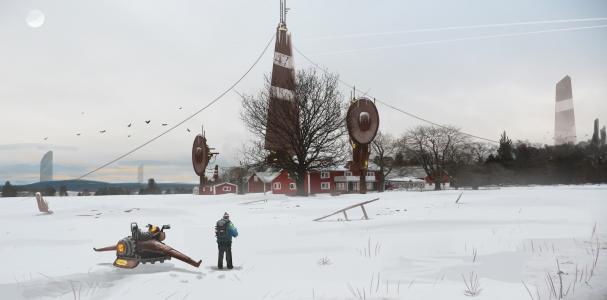 未来主义，数字艺术，雪，死树，建筑，一个人，场壁纸