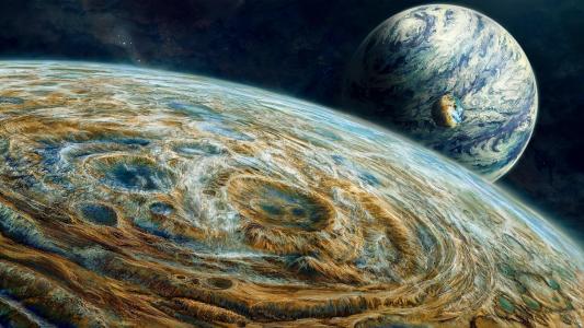 在太空中的三个星球，创意绘画壁纸