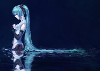 Vocaloid，初音未来，蓝色头发，水，动漫，动漫女孩壁纸