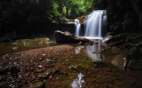 瀑布岩石石森林流高清壁纸