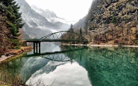 桥反射树景观山湖泊高清壁纸