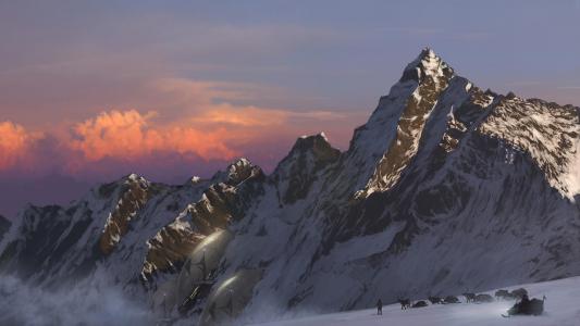 绘画艺术风景山冬季雪鹿雪地车人情况天空免费图像壁纸