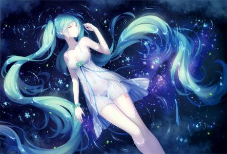 动漫女孩，Vocaloid，初音未来，长长的头发，蓝色的头发，闭上眼睛，连衣裙，动漫壁纸