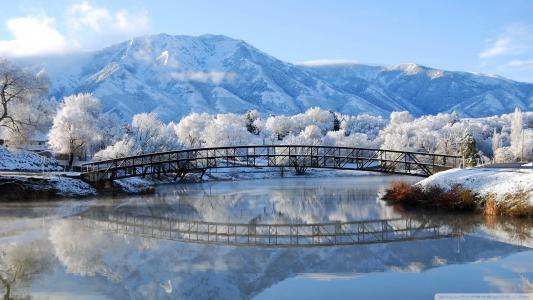 桥反射雪冬季山水高清壁纸