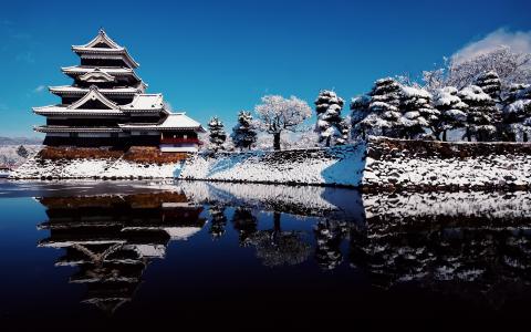 日本在冬天的雪景，寺庙，湖倒影和蓝天壁纸