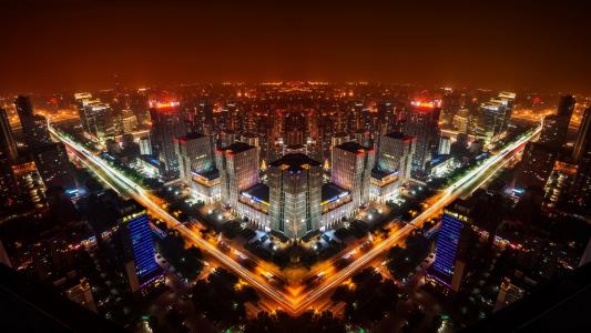 北京，中国，夜晚的城市天际线，建筑，灯壁纸