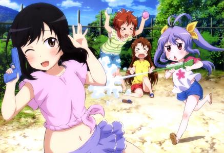 Non Non Biyori，Ichijou Hotaru，越谷小牧，越谷夏海，Miyauchi Renge，动漫女孩，水枪壁纸