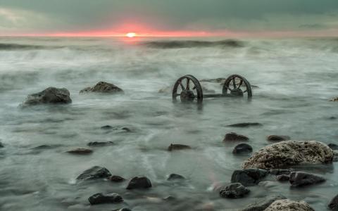 海日落风景轮海浪波壁纸