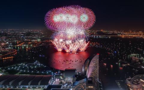 城市，城市景观，烟花，日本，夜，节日壁纸