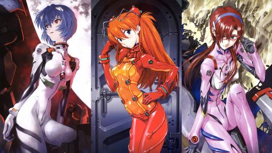 Neon Genesis Evangelion, three beautiful anime girls wallpaper