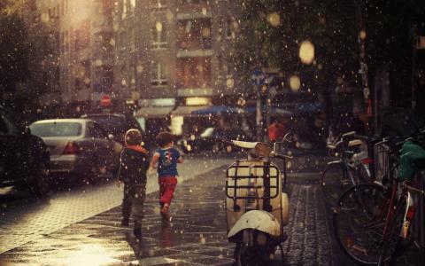 街道建筑物雨湿的高清壁纸