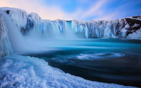 冰岛，Godafoss，美丽的瀑布，冰，雪，冬天，蓝色壁纸