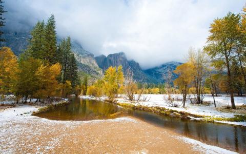 早期的冬季自然景观，树木，雪，河，山壁纸