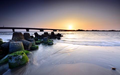 码头日落海洋海滩青苔高清壁纸