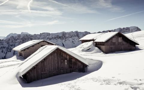 小屋谷仓雪冬季高清壁纸