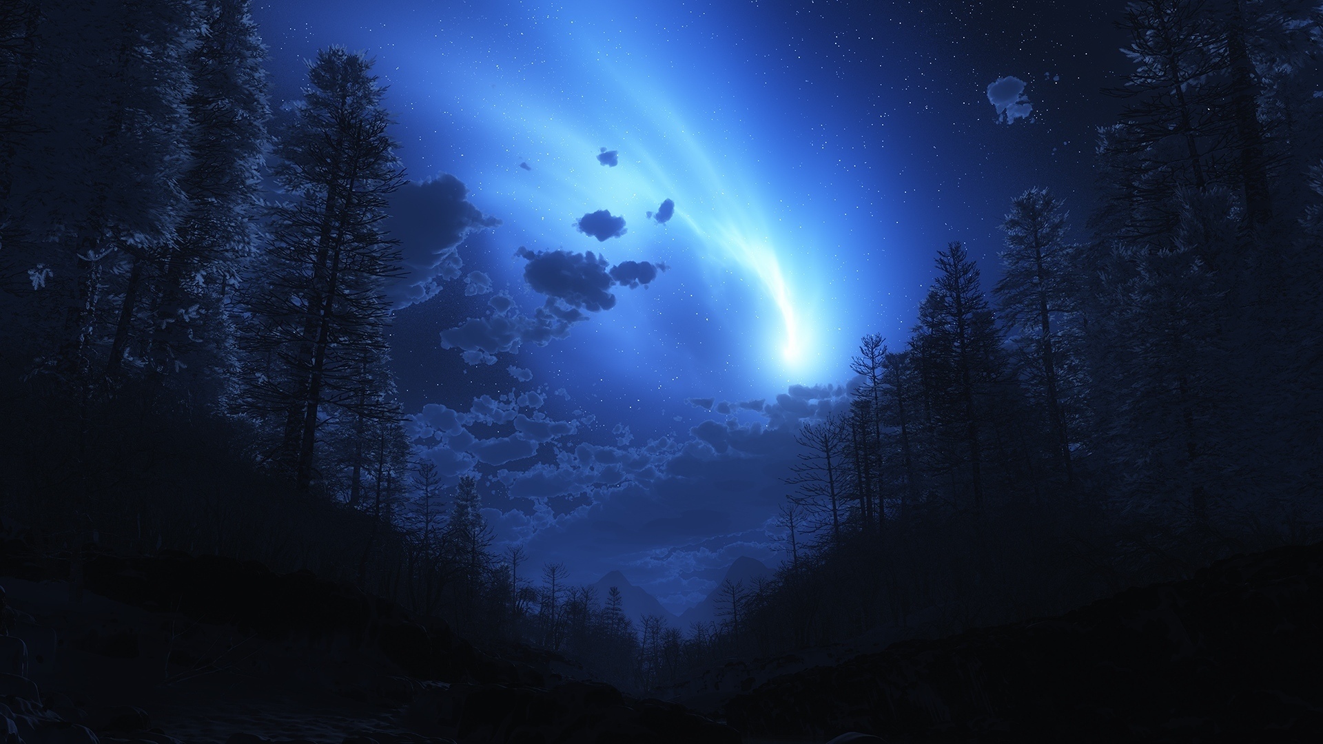 极光Borealis树蓝色极光北极光高清壁纸