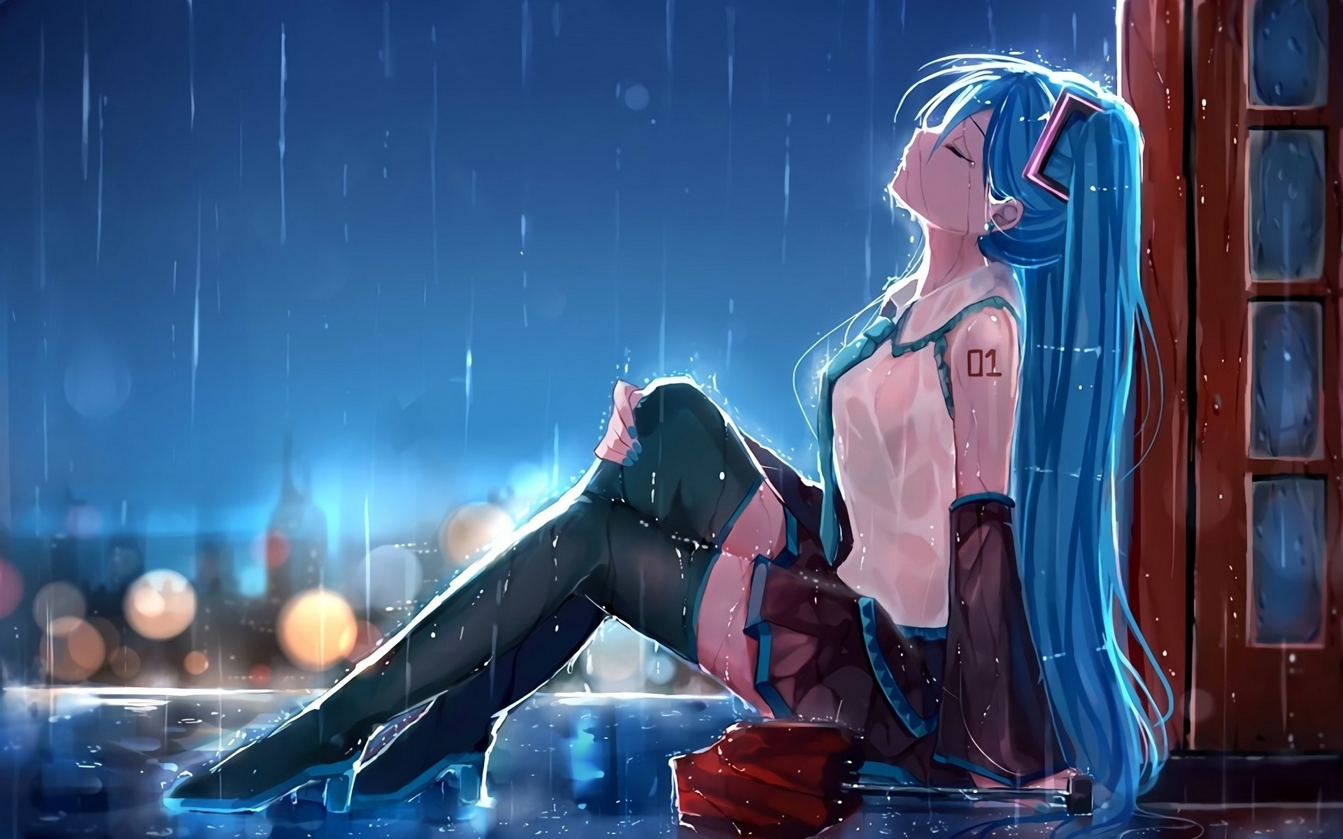 hatsune miku,悲伤的动漫女孩在雨中壁纸640x1136分辨率查看