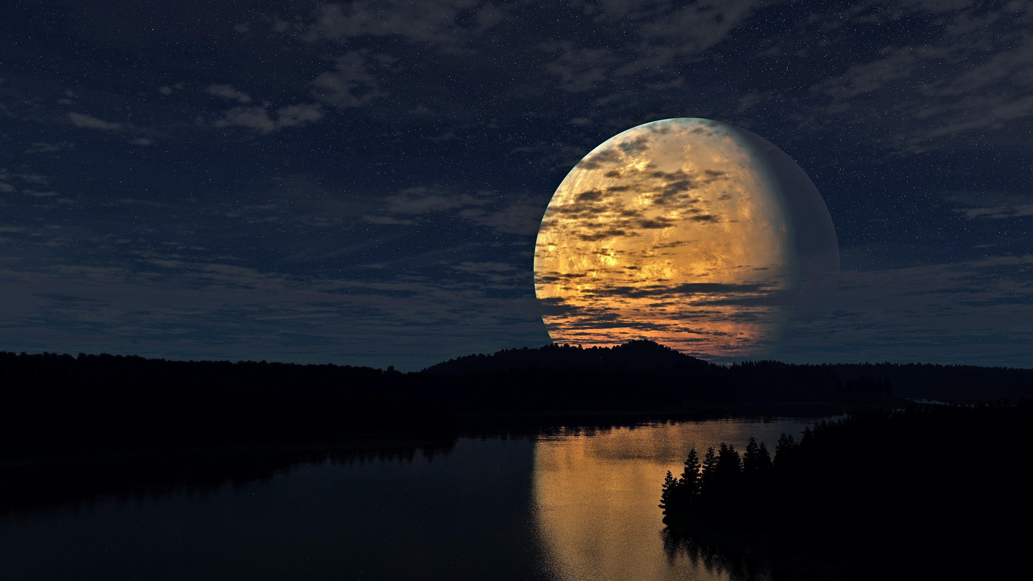晚上,天空,月亮,树,河,反射壁纸