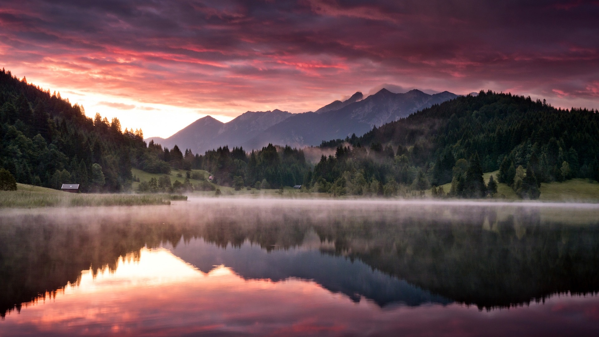 黎明风景,大自然,山,森林,湖,早晨,雾壁纸