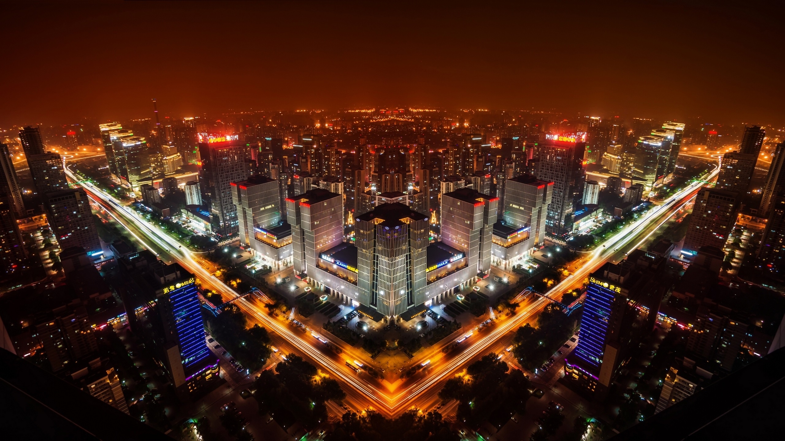 北京，中国，夜晚的城市天际线，建筑，灯壁纸