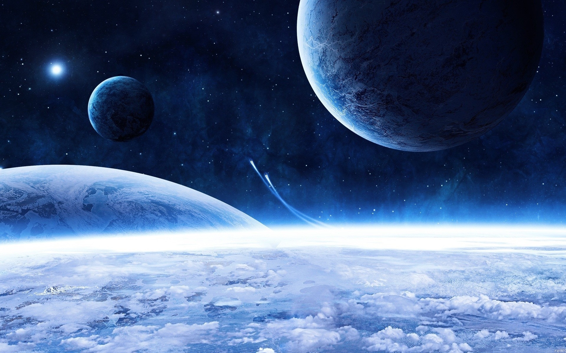 太空飞船和蓝色星球壁纸