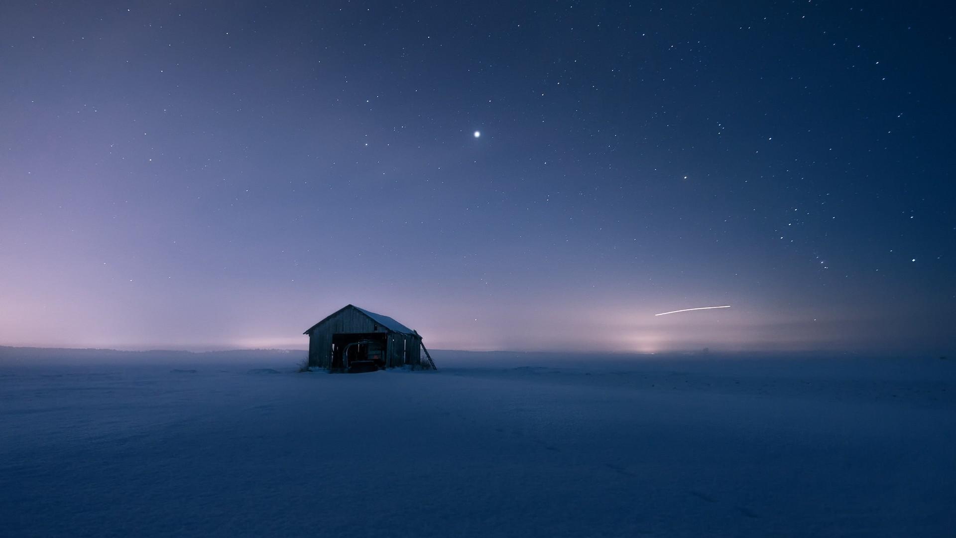 雪,房子,安静的夜晚,星星,孤独的风景壁纸