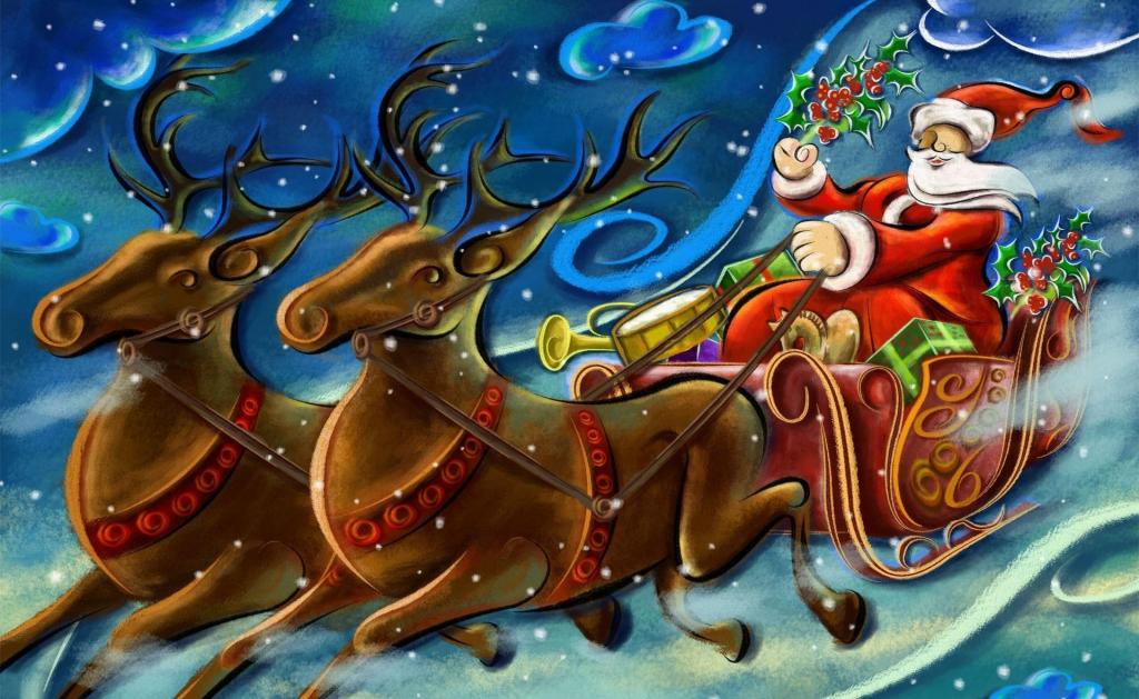 圣诞老人驯鹿雪橇礼物圣诞节壁纸