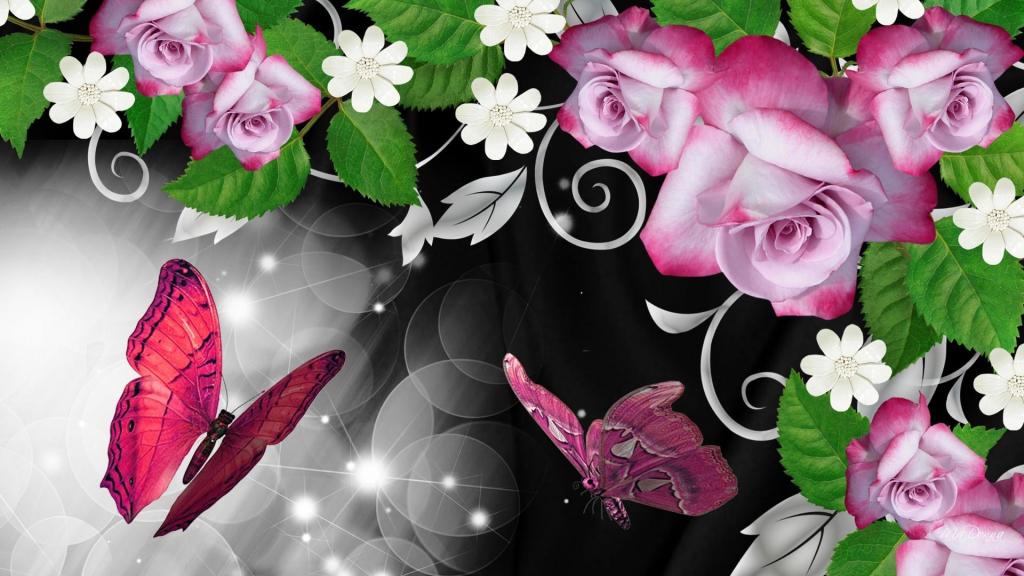 粉红玫瑰蝴蝶闪耀壁纸