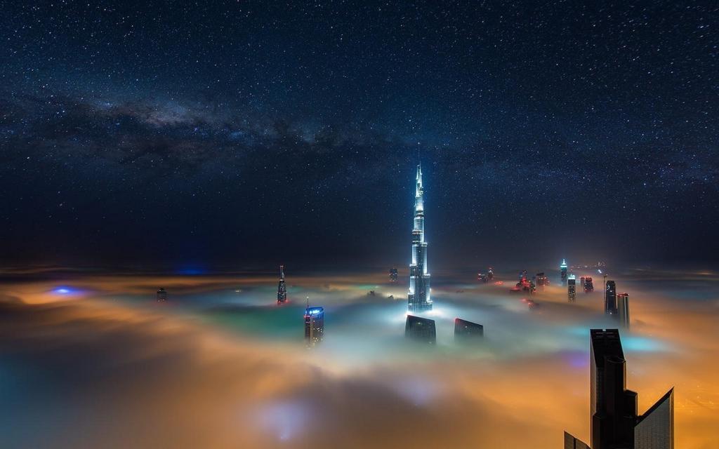 城市景观,银河,雾,摩天大楼,迪拜,繁星点点的夜晚,天空,夜晚的壁纸