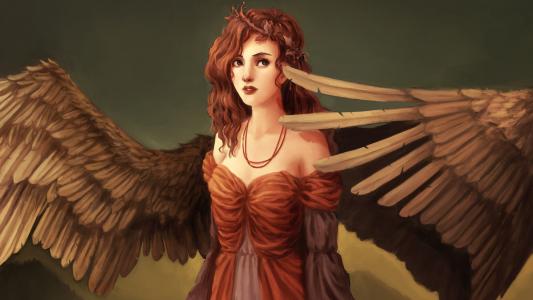幻想艺术女孩,翅膀,天使,红头发,卷发壁纸