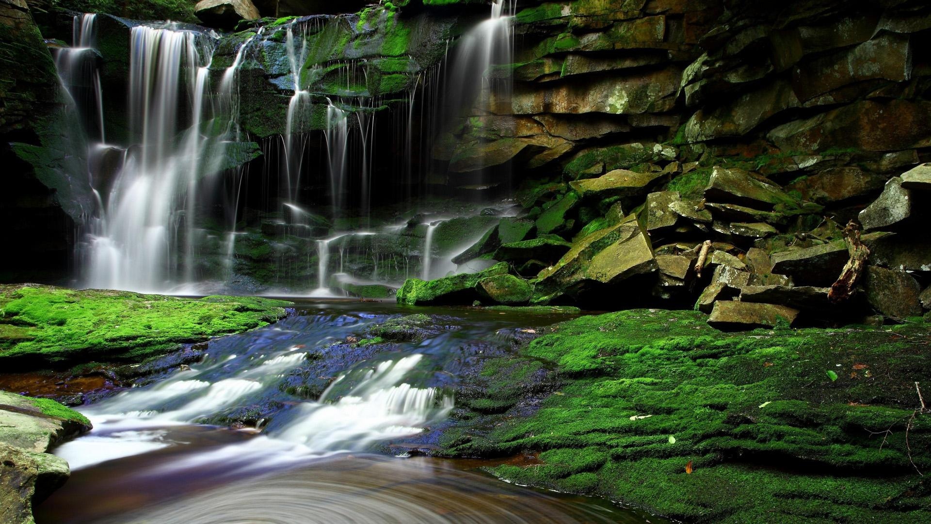 岩石,瀑布,水,溪,石头,苔藓,天然森林景观桌面壁纸高清原图查看