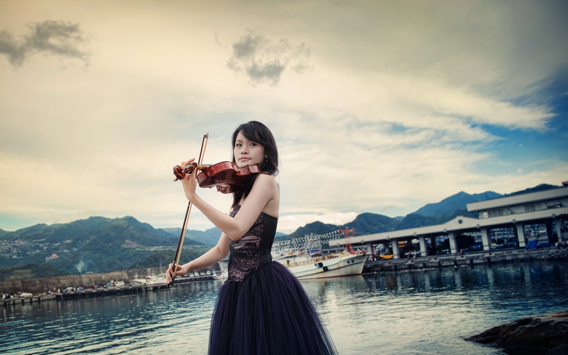 亚洲女孩,小提琴,音乐,码头壁纸